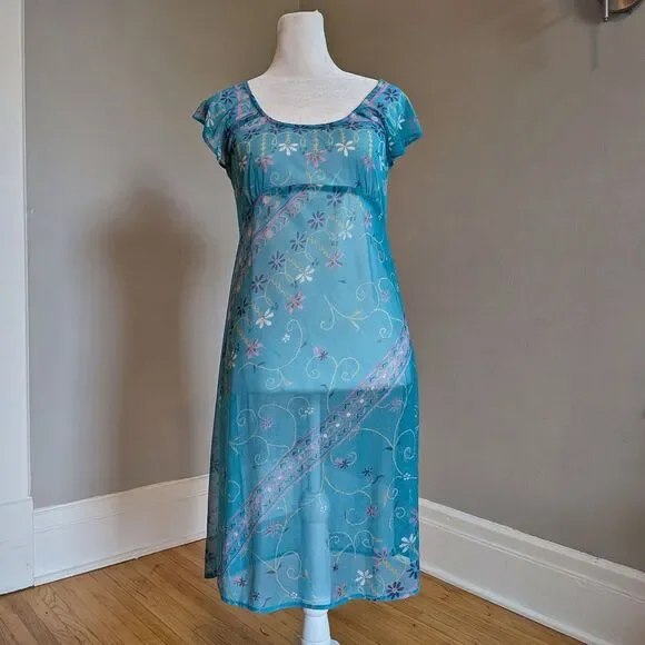 Vintage Y2K Floral Mesh Overlay Mini Dress, Empire Waist, Fairycore, Size 4P - Picture 1 of 8